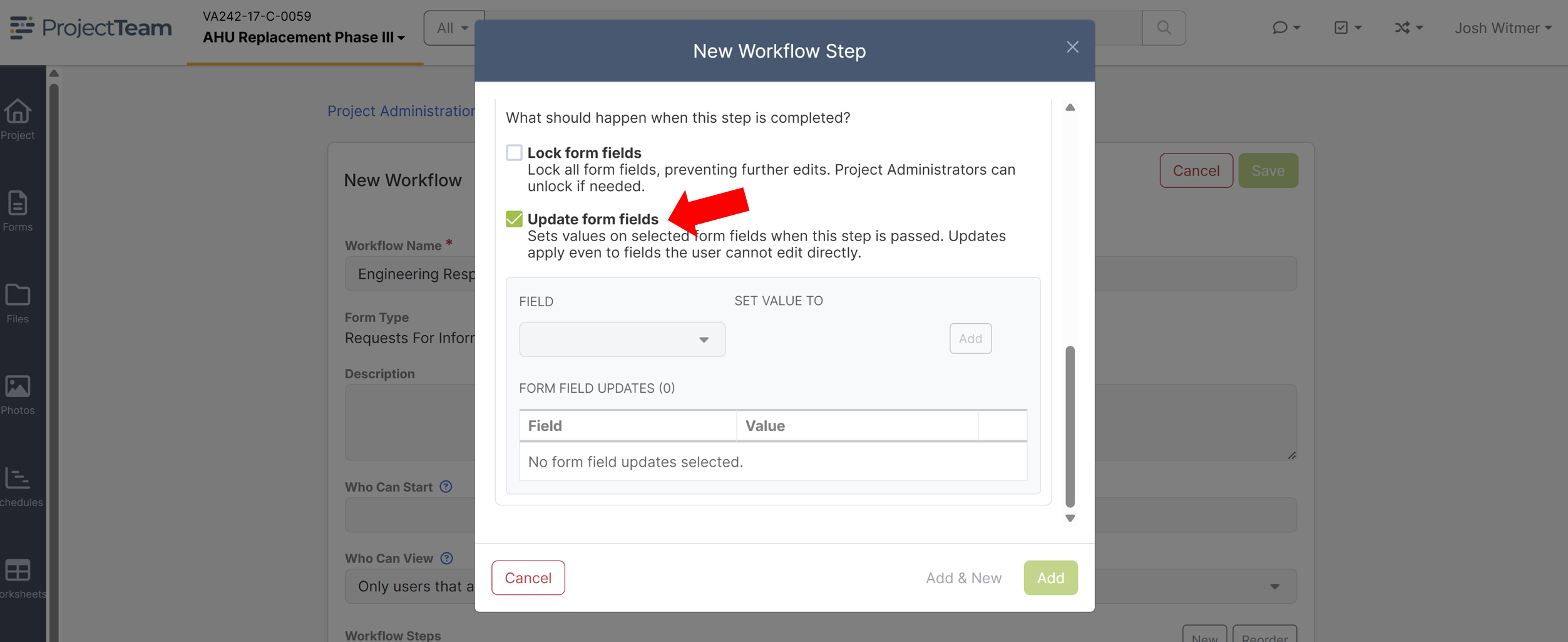 Update field values via workflow action