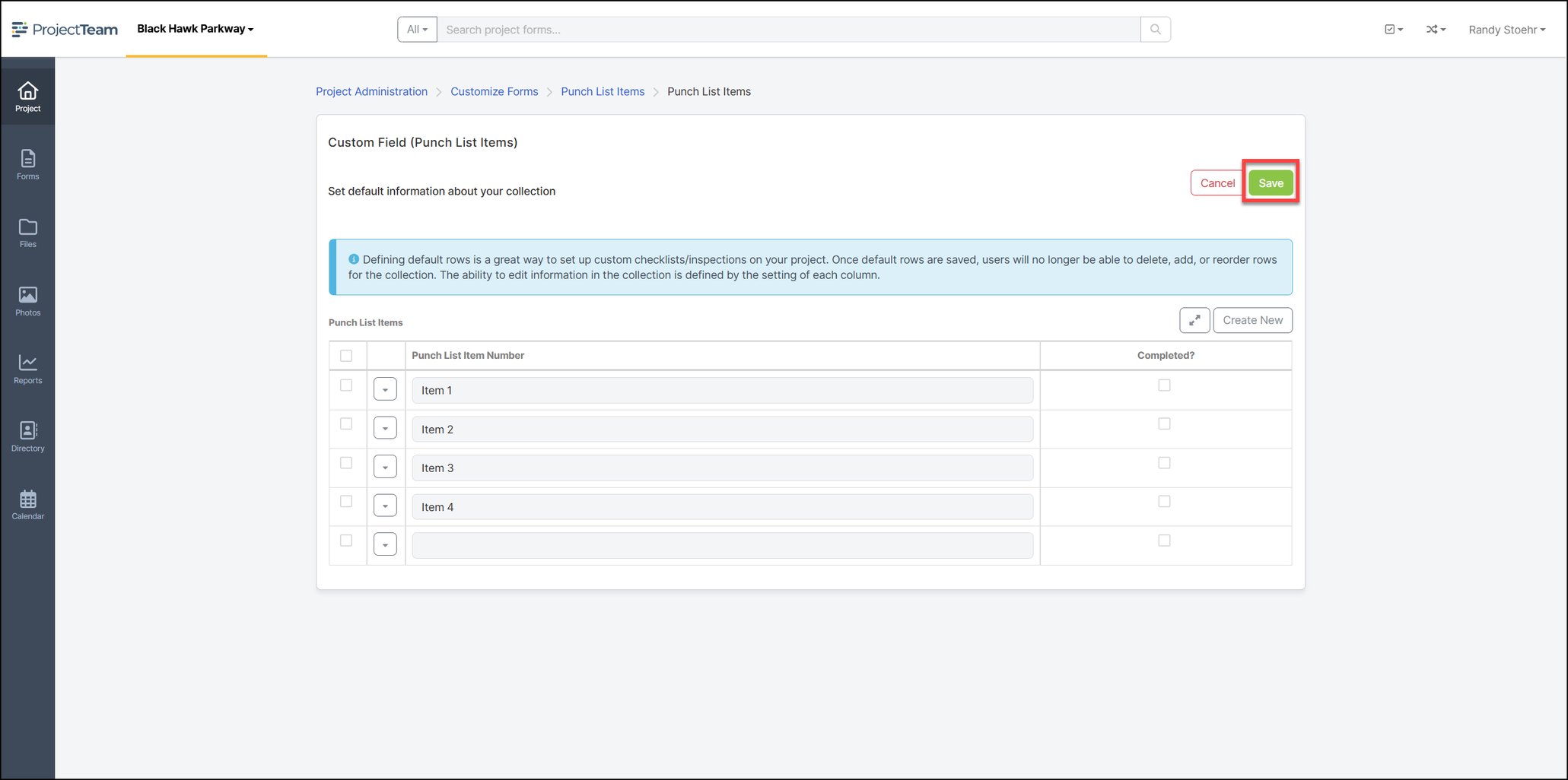 Create Default Values and Rows for Project Collections