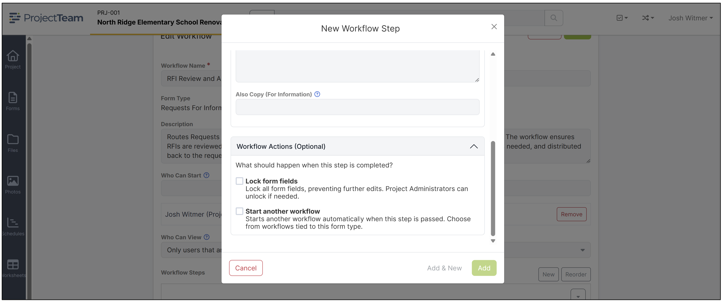 ProjectTeam Workflow Action Screenshot
