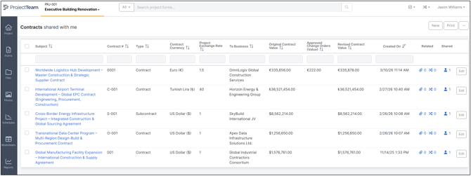 Contract log view in ProjectTeam.com showing multiple currencies